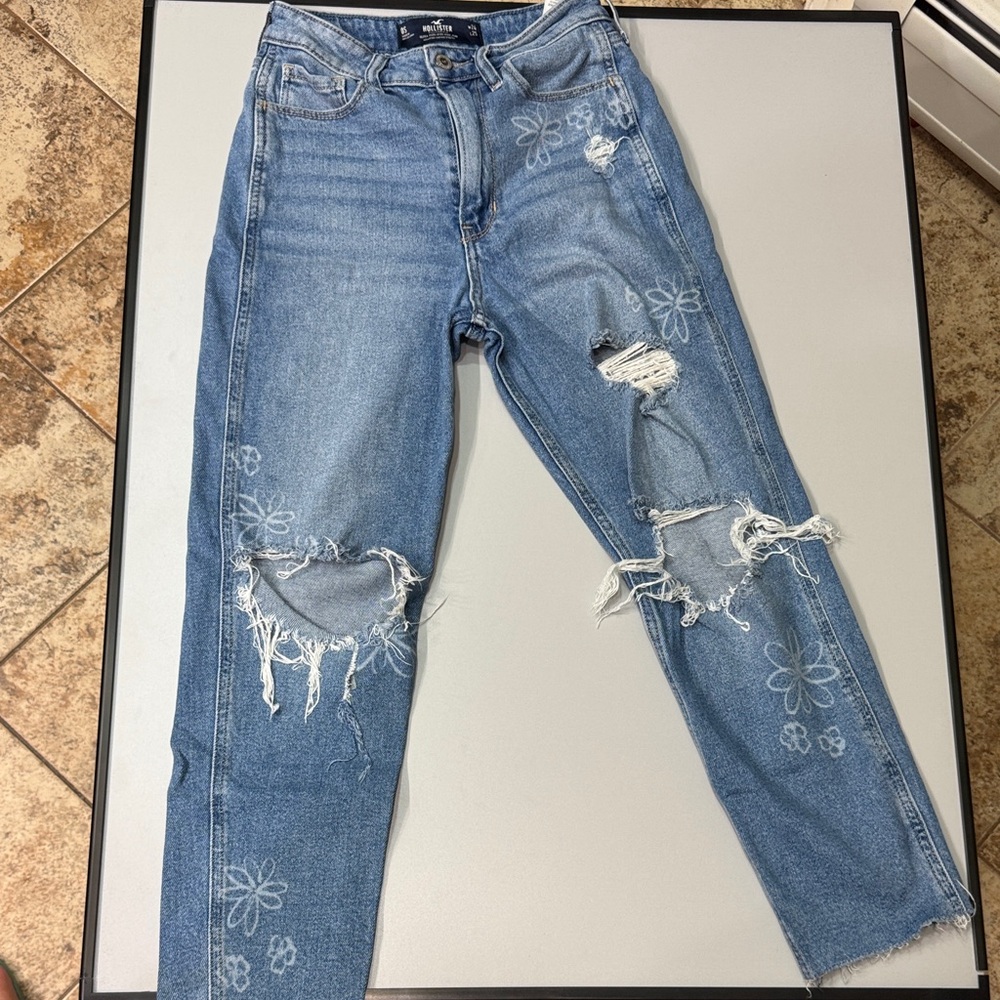 Hollister Distressed Blue Jeans with Floral Detail